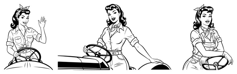 Obraz premium Vintage Pinup Tractor Girl Set Retro 1950s Monochrome Vector