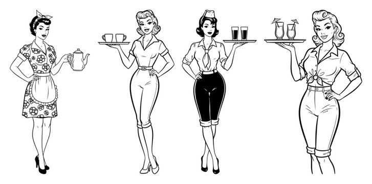 Retro Waitress and Housewife Pin up Girl Set Vintage 1950s Woman Character Illustration