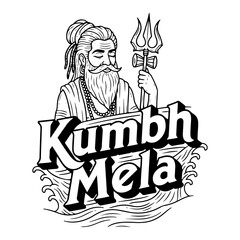 Kumbh Mela Sadhu Emblem With Trishul Waves And Bold Lettering Monochrome Vector
