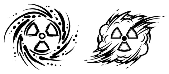Hand Drawn Radiation Symbol Set Grunge Nuclear Hazard Sign with Swirl and Explosion Effect