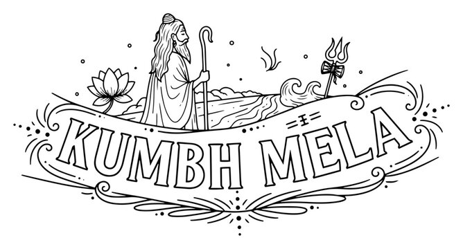 Kumbh Mela Banner Typography With Pilgrim Ganges River And Trishul Outline Vector