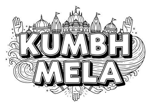 Kumbh Mela Doodle Art with Temples and Ganga River Hand Drawn Hindu Festival Illustration