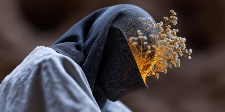 Abstract and emotional close-up of a figure shrouded in dark fabric with glowing, dry flowers emerging from where the face should be. Concept of grief, hidden identity, and silent suffering.