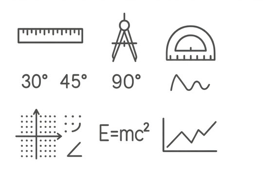 An Overview of Mathematical Concepts Featuring Geometric Tools, Angles, and the Prominent Equation E=mc&sup2; Illustrated in a Minimalistic Style