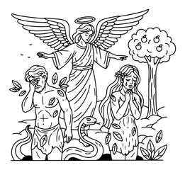 Expulsion From Eden Adam And Eve With Angel And Serpent Biblical Outline Vector Scene
