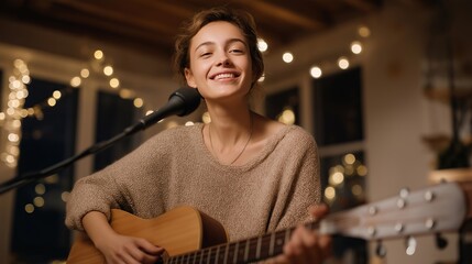 A musician livestreaming an acoustic performance from a cozy home studio, warm string lights creating mood while live comments cheer in the corner — intimate virtual concert, creative broadcasting,