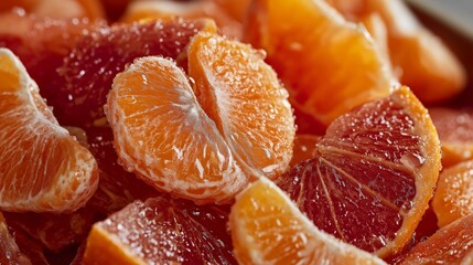 Close-up macro photograph of fresh peeled mandarin orange segments and blood orange slices, glistening with natural juice and texture.