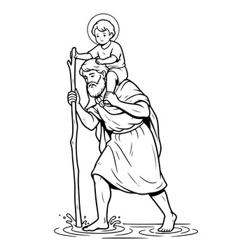 Saint Christopher Carrying Christ Child Christian Religious Illustration