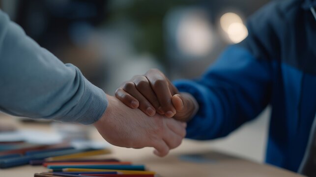 A stroke survivor relearning hand coordination using colorful therapy tools on a table, celebrating small victories with their therapist — neurological recovery, fine-motor training, and rehab