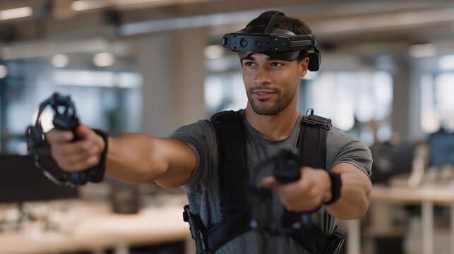 A virtual reality game tester wearing a headset and motion trackers, navigating a digital world as developers watch feedback metrics — VR performance testing, immersive UX evaluation, and gaming