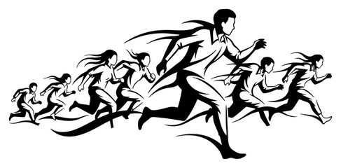 Runners In Motion Dynamic Team Sprint Athletics Silhouette Monochrome Vector Illustration