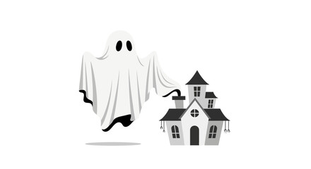 Spooky halloween ghost and haunted house illustration for seasonal decor