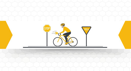 Vector Illustration of Cyclist on Road with Stop and Yield Signs for Safety Awareness