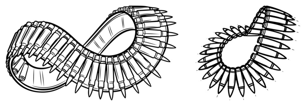 Machine Gun Ammo Belt Illustration Set Hand Drawn Bullet Bandolier Collection