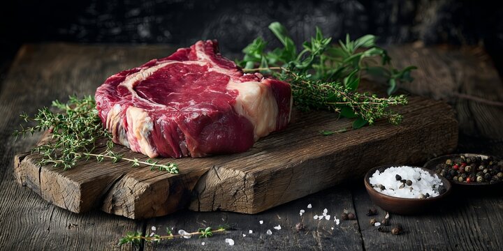 A perfectly seasoned steak rests on a wooden board with fresh herbs, showcasing culinary indulgence, rustic elegance, and mouthwatering appeal. The image conveys richness, freshness.