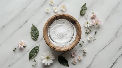 Overhead shot wooden bowl of white powder with flowers and leaves on a marble surface - Powered by Adobe