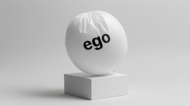 Minimalist conceptual still life of a deflated white balloon with "ego" text, resting on a white cube. Concept of vanity, hubris, and self-importance.