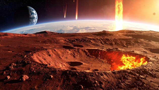 Burning meteor crater on red rocky planet surface, glowing lava and falling meteors in sky, sci fi alien world and cosmic impact landscape. - Powered by Adobe