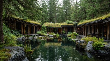 Fototapeta premium Natural retreat with lush greenery and tranquil pond surrounded by rustic buildings