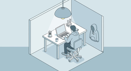 Fototapeta premium Isometric illustration of a person working on a laptop in a minimalist office setting