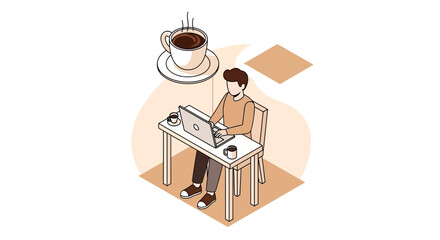 Isometric illustration of a man working from home with a laptop and coffee cup routine
