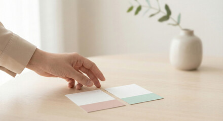 Person selecting a colored card from a pair placed on a wooden table with a minimalist vase in the background