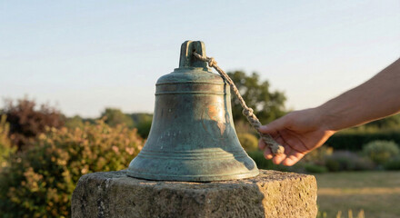 Hand reaching to ring a rustic bell on a stone pillar in a peaceful outdoor garden setting during sunset
