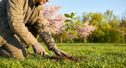 Person planting a young tree in a grassy field with blooming trees in the background on a clear day