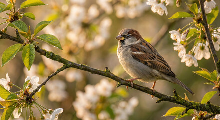 A sparrow perched on a blossoming tree branch surrounded by white flowers on a sunny day
