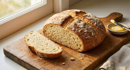Freshly baked rustic bread loaf with a sliced piece on a wooden board by a window