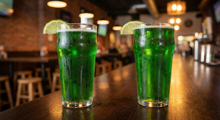 Two glasses of green beer with lime on a wooden bar counter in a pub setting