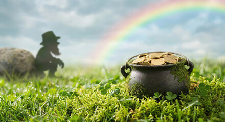A pot of gold at the end of a rainbow in a lush green field with a leprechaun silhouette