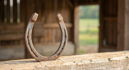 Rustic horseshoe hanging on a wooden beam in a barn setting with blurred green field in the background