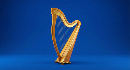 Elegant wooden harp standing on a vibrant blue background with graceful curves and strings