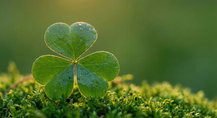 Close-up of a fresh green clover leaf with morning dew drops, symbolizing luck and nature, against a blurred natural background