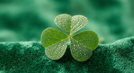 Close-up of a Fresh Green Clover Leaf with Dewdrops on Velvet Surface