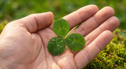 A close-up of a hand holding a three-leaf clover with dew drops in a green outdoor setting