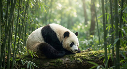 A peaceful giant panda resting on a moss-covered log surrounded by lush bamboo in a forest