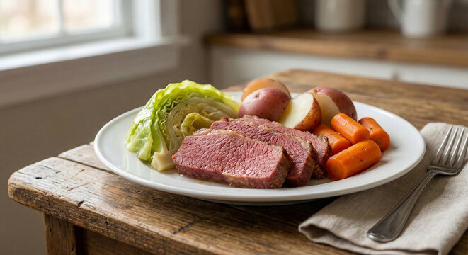 A plate of traditional corned beef with potatoes, carrots, and cabbage on a rustic wooden table