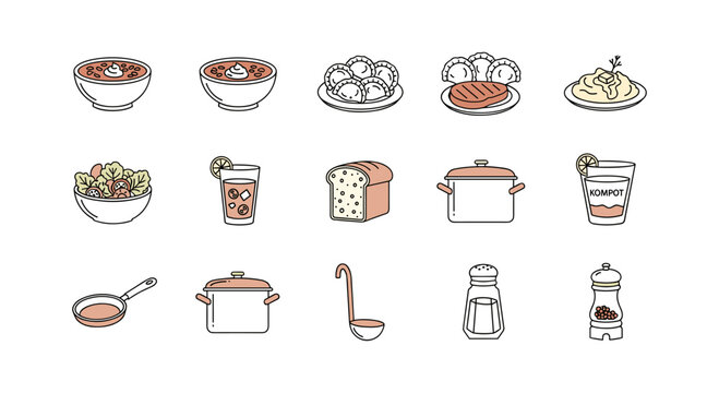 Food and cooking icons set with pasta, pancakes, and kitchen utensils in linear style
