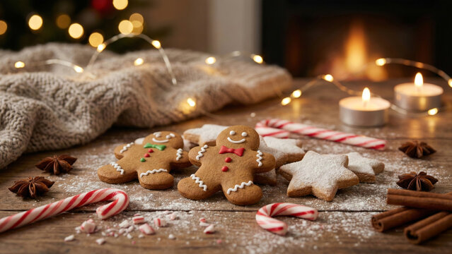 Cozy Christmas Composition with Gingerbread Cookies, Candy Canes, and Candles on Wooden Table with Blurred Fireplace Background