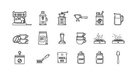 Essential coffee equipment icons: minimalist line art set for cafe and barista