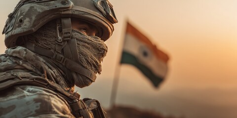 A soldier in tactical gear stands before India flag at sunset. Camouflage and national pride blend in a solemn, golden-hour scene.