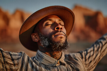 A peaceful man with outstretched arms and closed eyes basks in the warm desert sunlight, embracing freedom, mindfulness, and connection with nature in a serene outdoor setting.
