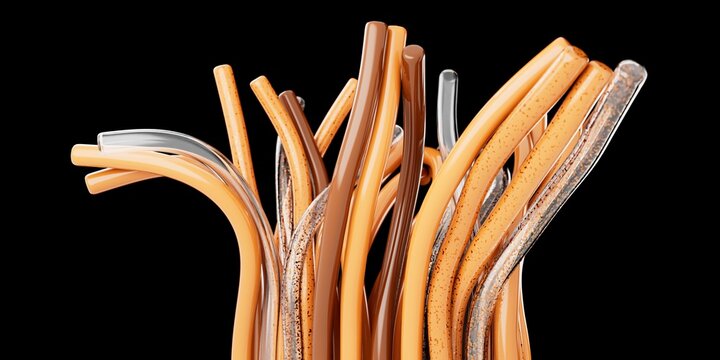 3D Render of Abstract Organic Wave Structures Featuring Glossy Beige, Caramel, and Brown Tubes with Translucent Glass Rods on Black Background