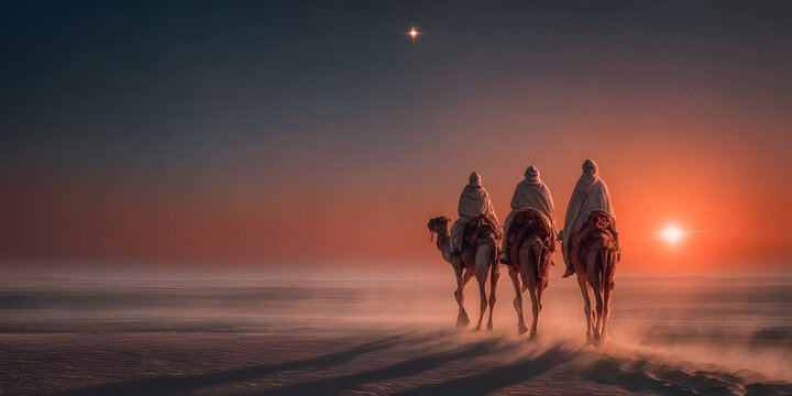 Three riders on camels journeying across a desert at sunset, silhouetted against dramatic golden light with a glowing star on the horizon. Evocative of the biblical Three Wise Men or Magi following th