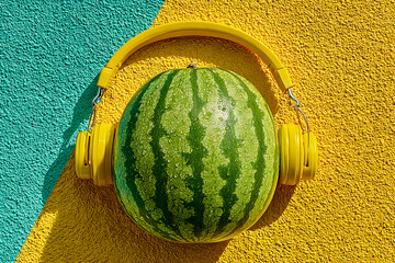 Creative image of a fresh watermelon wearing bright yellow headphones against a vibrant teal background, blending humor, freshness, and summer vibes in a surreal concept.
