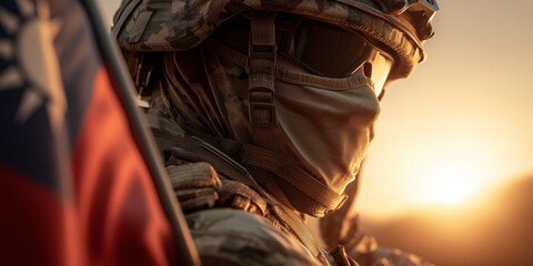 Obraz premium Soldier in camouflage gear and a helmet stands in front of the taiwan flag in the background, bathed in golden sunset light. The intense focus captures duty and determination.