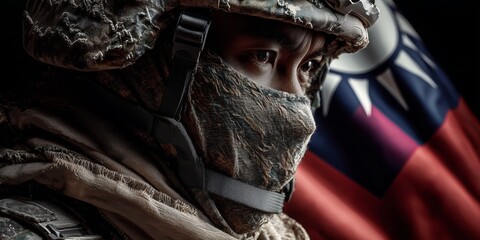 Obraz premium Soldier in camouflage gear and a helmet stands in front of the taiwan flag. embodying resilience, duty, and national pride. The image conveys strength, focus, and military readiness.
