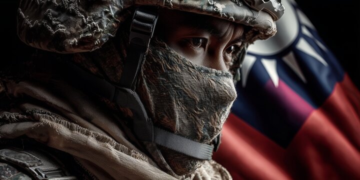 Soldier in camouflage gear and a helmet stands in front of the taiwan flag. embodying resilience, duty, and national pride. The image conveys strength, focus, and military readiness.